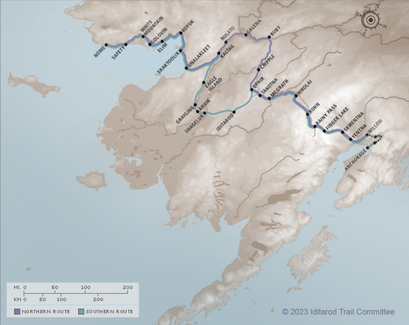 Mappa del tracciato Iditarod da Anchorage a Nome
